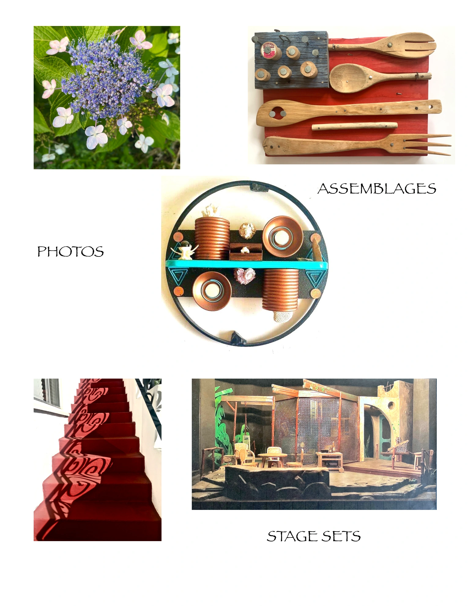 Todd Muffatti’s artwork: a flower photograph, wooden utensil assemblage, circular assemblage, red stair photograph and a stage set.